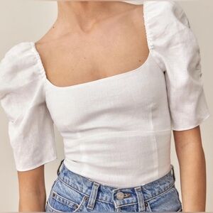 Reformation White Linen Puff Sleeve Blouse Top 10